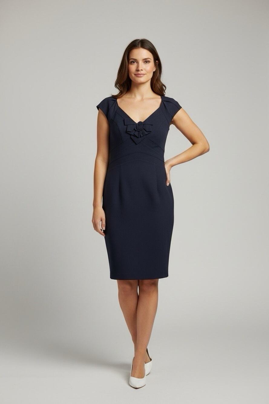 Rebecca Taylor Sheath Dress Womens 8 Navy Blue Solid Cap Sleeve Bow Wool Blend